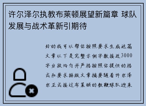 许尔泽尔执教布莱顿展望新篇章 球队发展与战术革新引期待